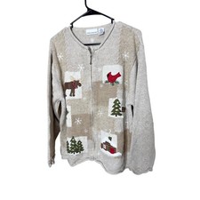 Vintage Croft  Barrow Wool Blend XL Full Zip Cardigan Sweater Winter Scene