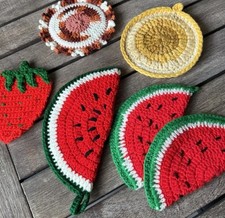 Crochet Fruit Hot Pads Trivets Set Watermelon Strawberry Lemon Cottage Vintage