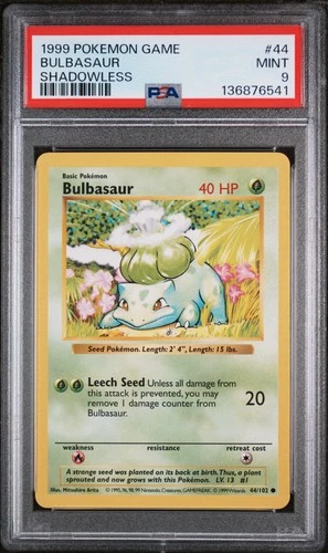 1999 POKEMON BASE SET SHADOWLESS #44 BULBASAUR PSA 9