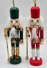Nutcracker with Staff Wood Ornament Set 2 Red Green Gold 5" Christmas TransPac