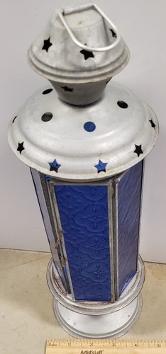 Cobalt Blue Stained Glass 13” Tealight Lantern Weathered Aluminum - Picture 7 of 8