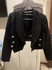 Elegant Black Cropped Blazer with Rhinestone Buttons –Structured Tailored Jacket