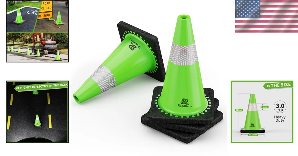 4 Pack 18 Inch Reflective Traffic Safety Cones with Weighted Bases - Lime Green - Image 2 of 4