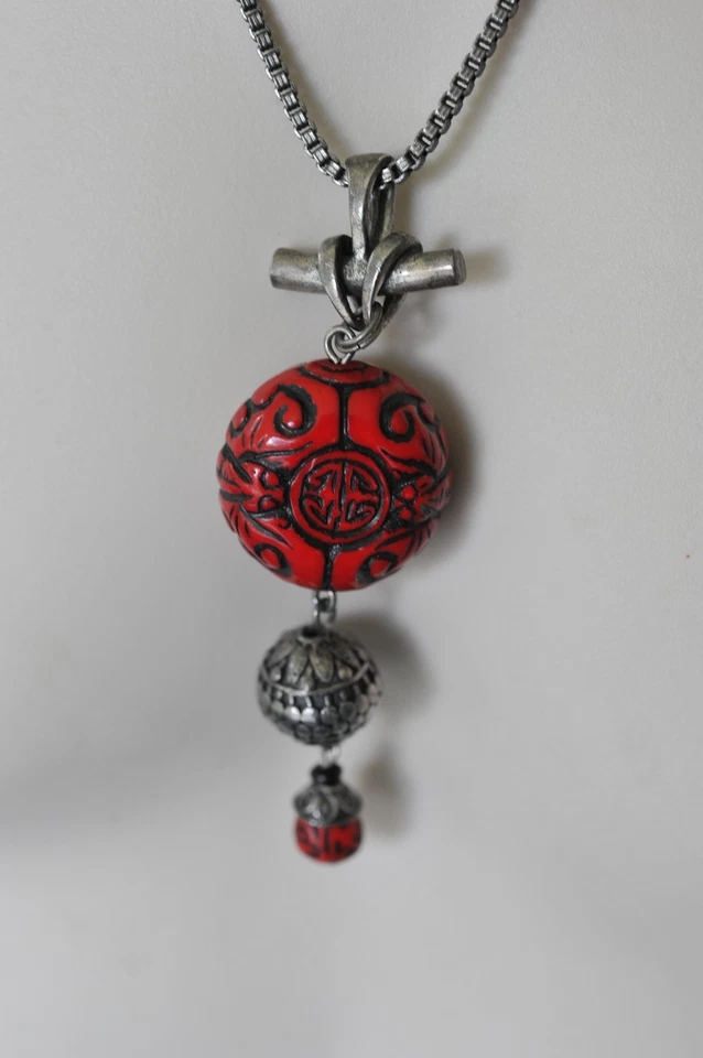 Collar Chico's imitación rojo cinabrio gunmetal peltre color étnico colgante 34" Foto 2 de 4