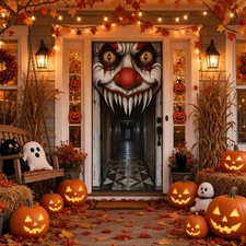Evil Clown Halloween Door Banner Scary Horror Backdrop Front Door Decor