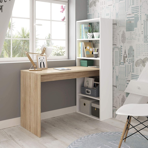 Scrivania Con Ripiani Reversibili, Tavolo Da Computer, Bianco Artik E Rovere Can - Foto 2 di 12
