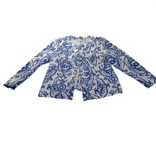 Chico's 3 US 16 Hook Front Jacket Blue White Damask Pattern READ Damask