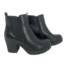 Moda Chics Black Booties Size 8 Chunky Heel Lug Sole Biker Fleece Lined