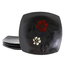 Hometrends Evening Blossom 4 Piece 8" Square Stoneware Salad Plate Set in Black