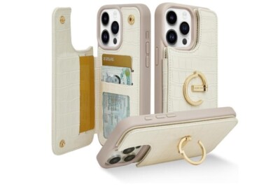 Leather Wallet Phone Case iPhone 15 Pro Max Card Holder 180° Ring Card Beige