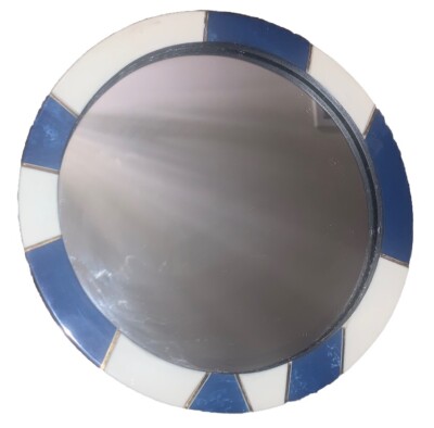 VTG MCM Modern Blue Stone Cream Brass Mosaic Circle Mirror 8 Diam **2Available