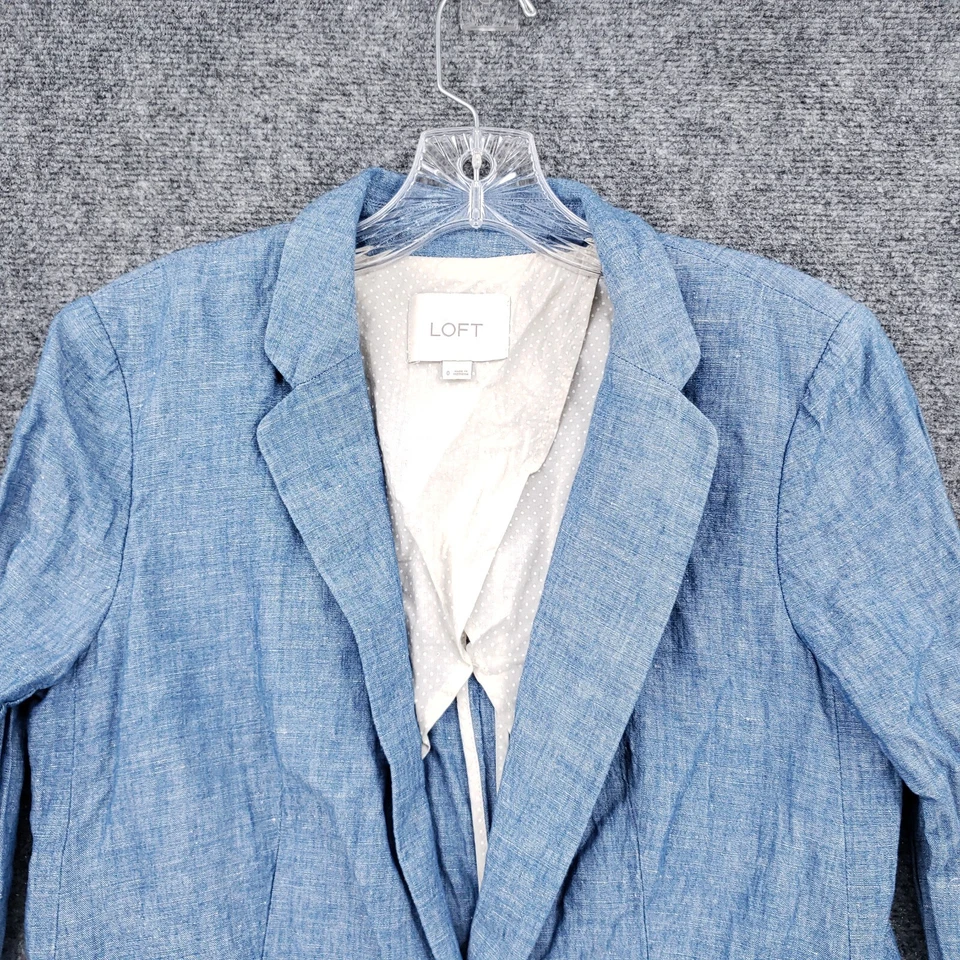 Blazer Loft Ann Taylor Mujer 0 Azul Lino Traje Chaqueta Muescas Un Botón Bolsillo Foto 3 de 4