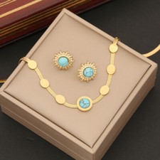 Women New Round Turquoise Stainless Steel Necklace Earrings Bracelet Jewelry Set