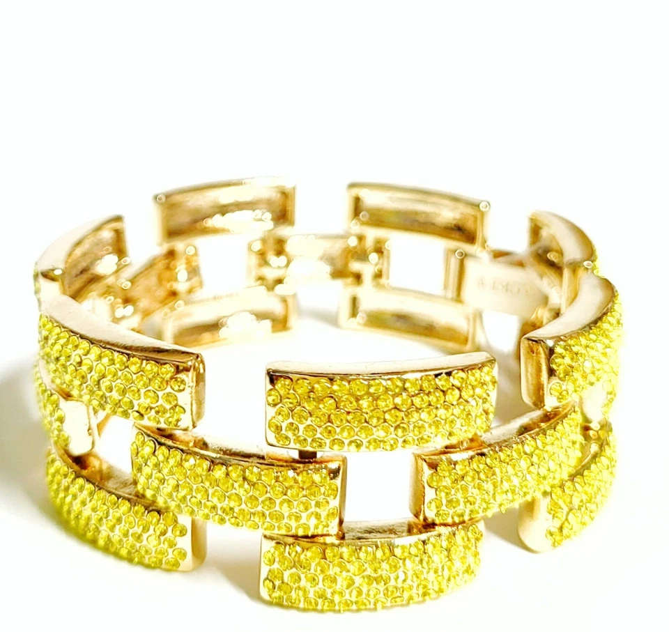 Brazalete J.Crew Cuadrado Eslabón Pavimentado Chartreuse Multi Flash Chapado en Oro Latón Nuevo con Etiquetas Foto 2 de 4