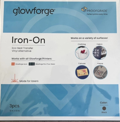 3pc BLACK Glowforge IRON-ON Eco Proofgrade Heat Transfer Vinyl 12''X12'' NEW