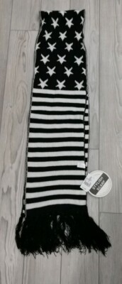 Under One Sky Mens Unisex Winter Scarf Black White Stripe Stars Fringe Brand New