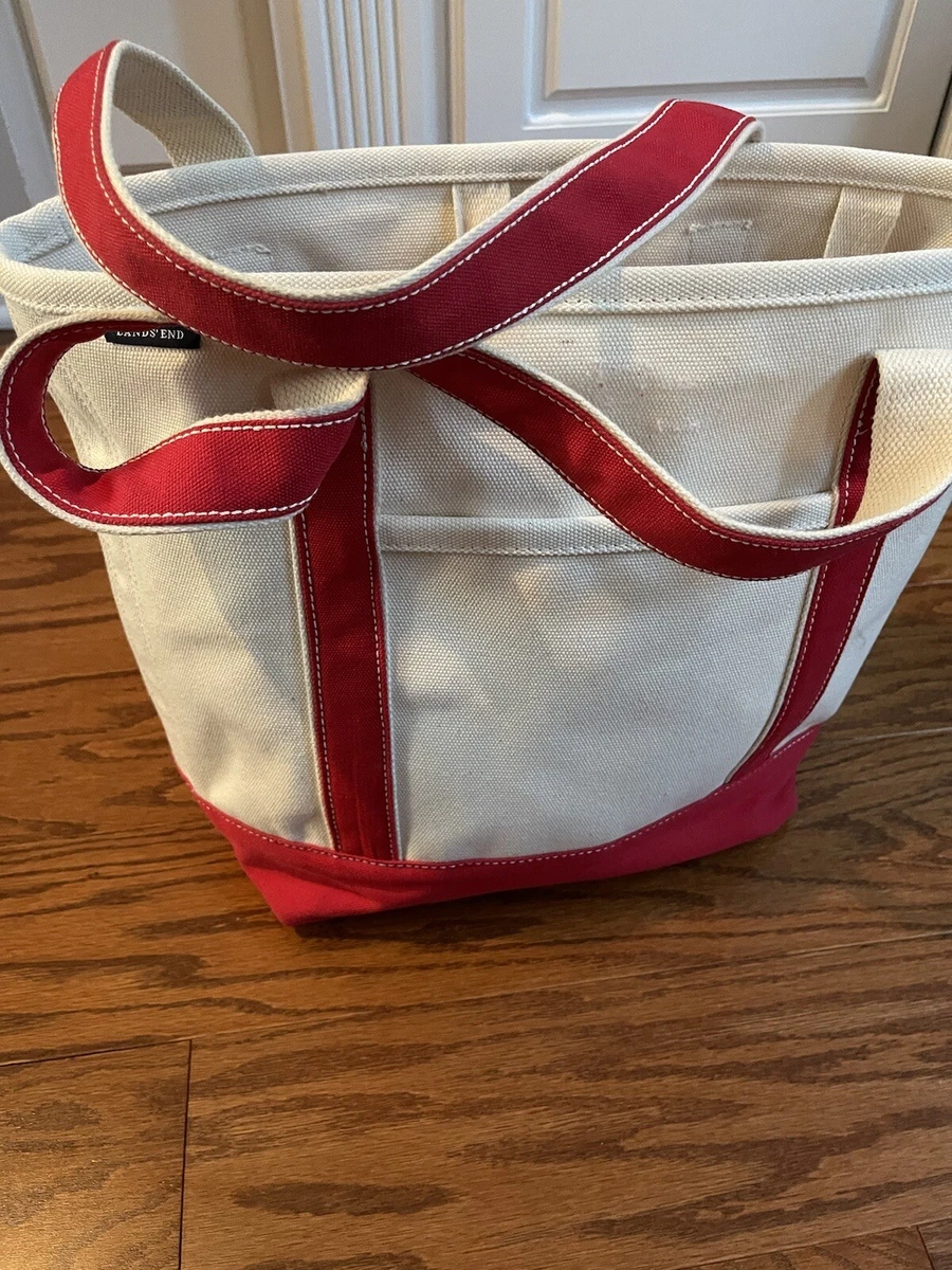 Lands End Canvas Tote Bag Red And Natural ~16x13x6” Interior &