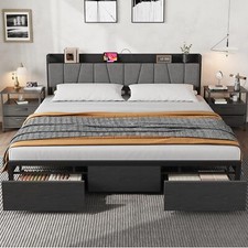 King Size Bed Frame Headboard Platform w/2 Storage Drawers and Charging Station