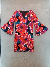 Trina Turk Blue Pink White Floral Bell Sleeve V Neck Sheath Dress Small Nwt