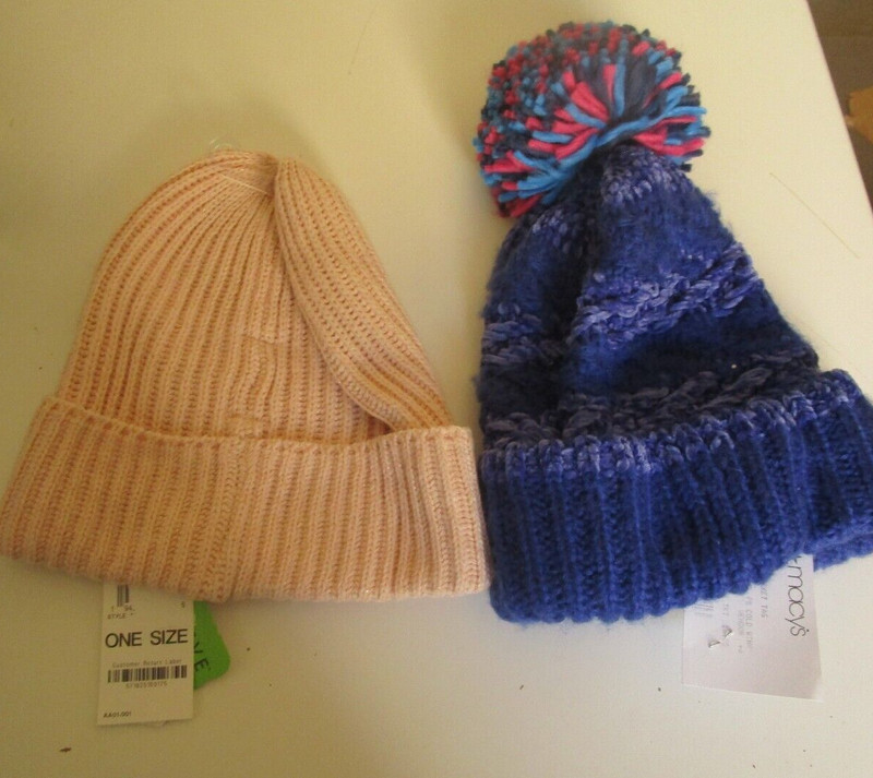 Two INC & Style & Co Beanies one with Pom-Pom Knit Hats Blue and Pink