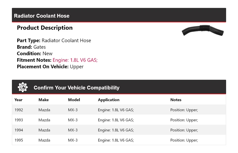 Для 1992-1995 Mazda MX-3 1,8 л V6 газовый радиатор шланг охлаждающей жидкости верхние ворота 1993 1994 - Изображение 2 из 4