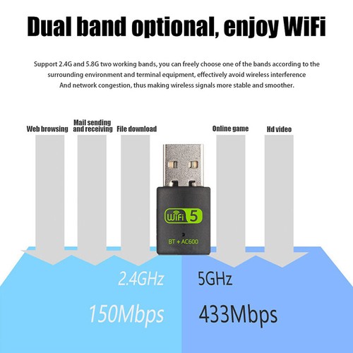 600Mbps USB WiFi Bluetooth 5.0 Adapter 2in1 Dongle Dual Band 2.4G&5GHz USB WiFi - Photo 6/9