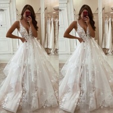 Vintage Deep V Neck Wedding Dresses Ruffles A Line Lace Appliques Bridal Gowns
