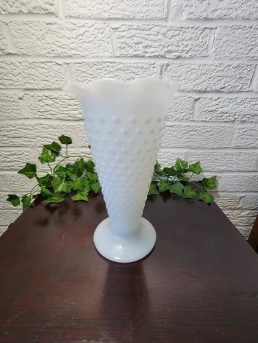 Vintage ANCHOR HOCKING White Milk Glass Hobnail TRUMPET VASE  Tall Ruffled Edge