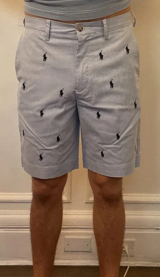 POLO RALPH LAUREN Blue All Over Pony Shorts Zip Chino Seersucker New 32 W SC200