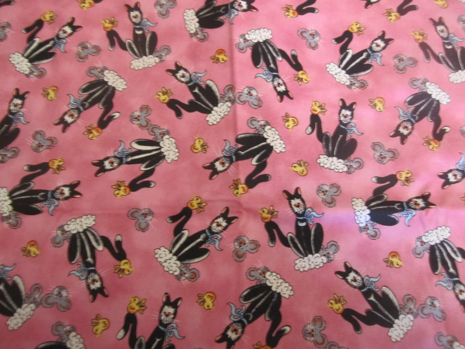 Cotton FAbric Kats Meow Sue Kruger for Northcott Black cats on Pink 26" x 44 - Image 3 of 4