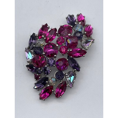 Vintage Rhinestone Signed Schiaparelli Brooch Pink & Purple Silver-tone Rare