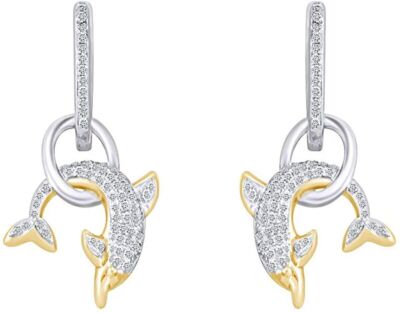 0.33 CT Natural Diamond Dolphine Nautical Dangle Earrings 10K Solid Gold