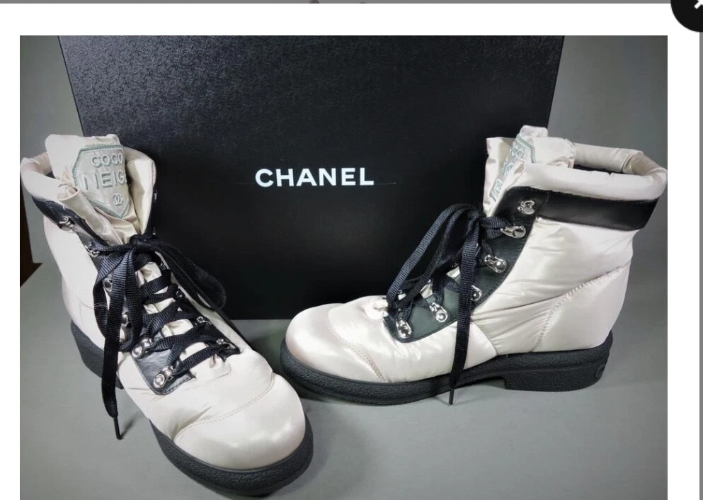 Chanel 18B Pink Black Nylon CC Logo Coco Neige Snow Winter Lace Up Tie Boots  42