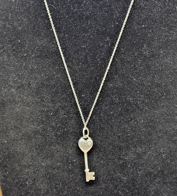 Tiffany & Co. 1.25'' Silver Diamond Key Heart Pendant Necklace Authentic