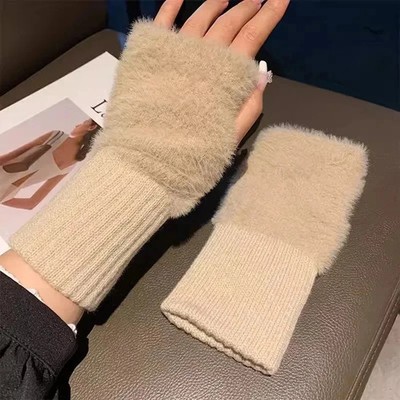 Soft Winter Half Finger Gloves Women Warm Luxury Solid White Plush Knitted