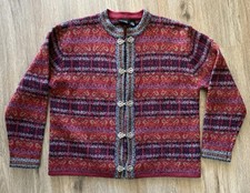 Nordic Design Wool Cardigan Sweater Womens Med Red Fair Isle Pewter Clasp Norway