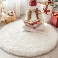 Round Fluffy Rugs 4Ft for Girls Bedroom, Cream White Shag Circle Kids Rug Non-Sl