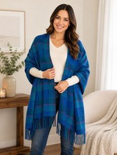 Pendleton 100% Virgin Wool Plaid Shawl Wrap Blue Green Fringe Made in USA