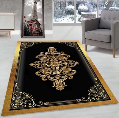 Black and Gold Medusa Rug: Greek Key Accent, Modern Style