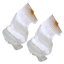 2Pcs Belly Dance Fan Veils White Silk Fan Veils for Lady