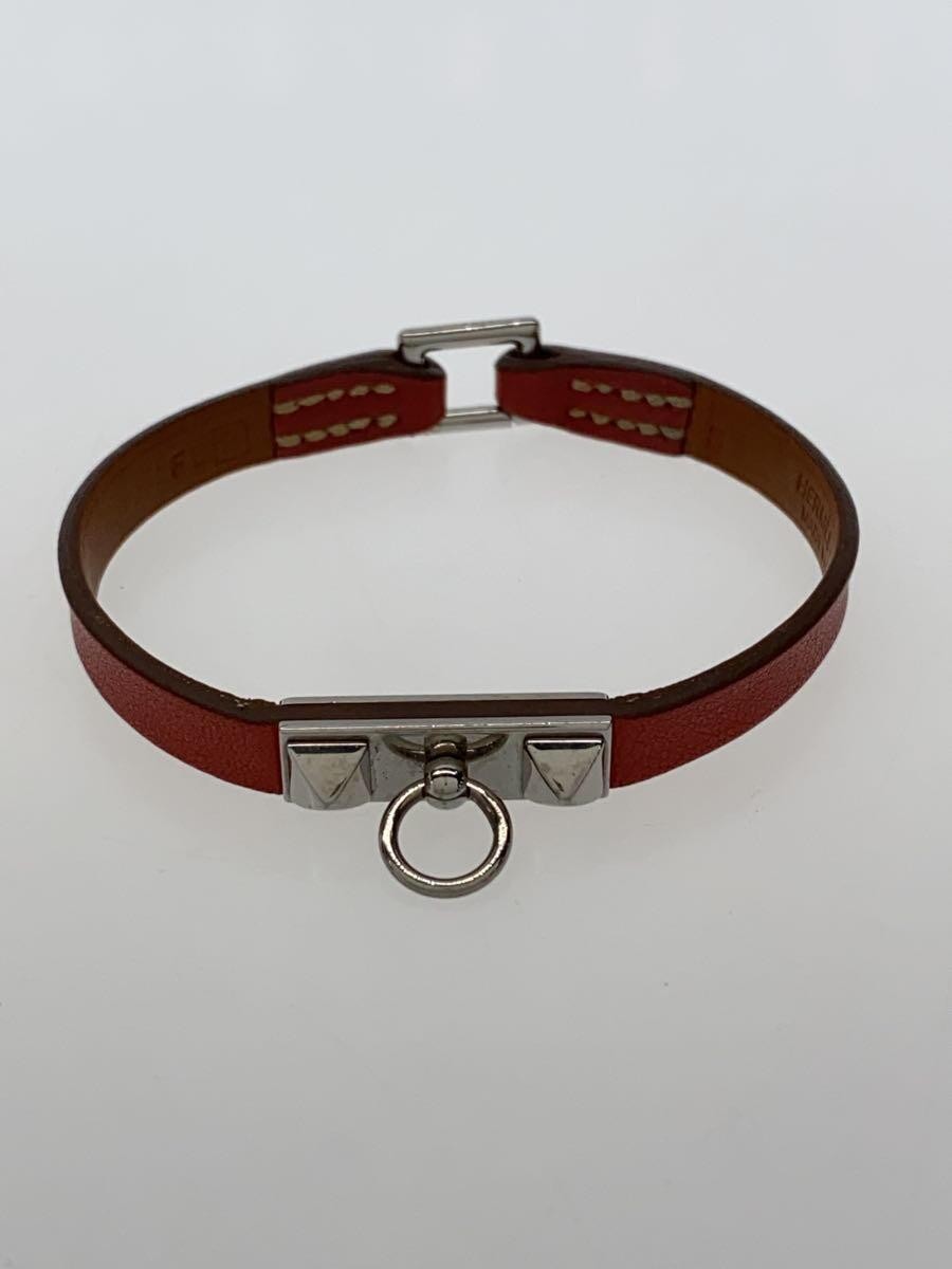 Hermes Rival Leather Bracelet Orange Silver Women 2721