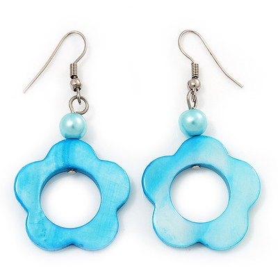Hellblaue offene Blumen Muschel Ohrhänger (silber Metalloptik) - 5,5 cm Tropfen