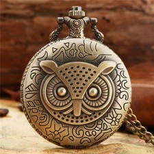 Owl Face Engraved Bronze Pocket Watch White Arabic Numeral Dial Gift with Chain