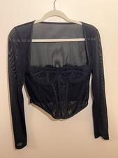 Women s Black Sheer Mesh Lace Long Sleeve Underwired Boned Bustier Corset S