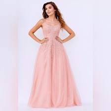 Jovani Light Blush Pink Tulle Ballgown Floral Appliques 06644 Prom Formal Sz 14