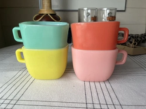 Vintage MCM Glasbake Coffee Cups Square Red Yellow Green Pink Milk Glass Set 4