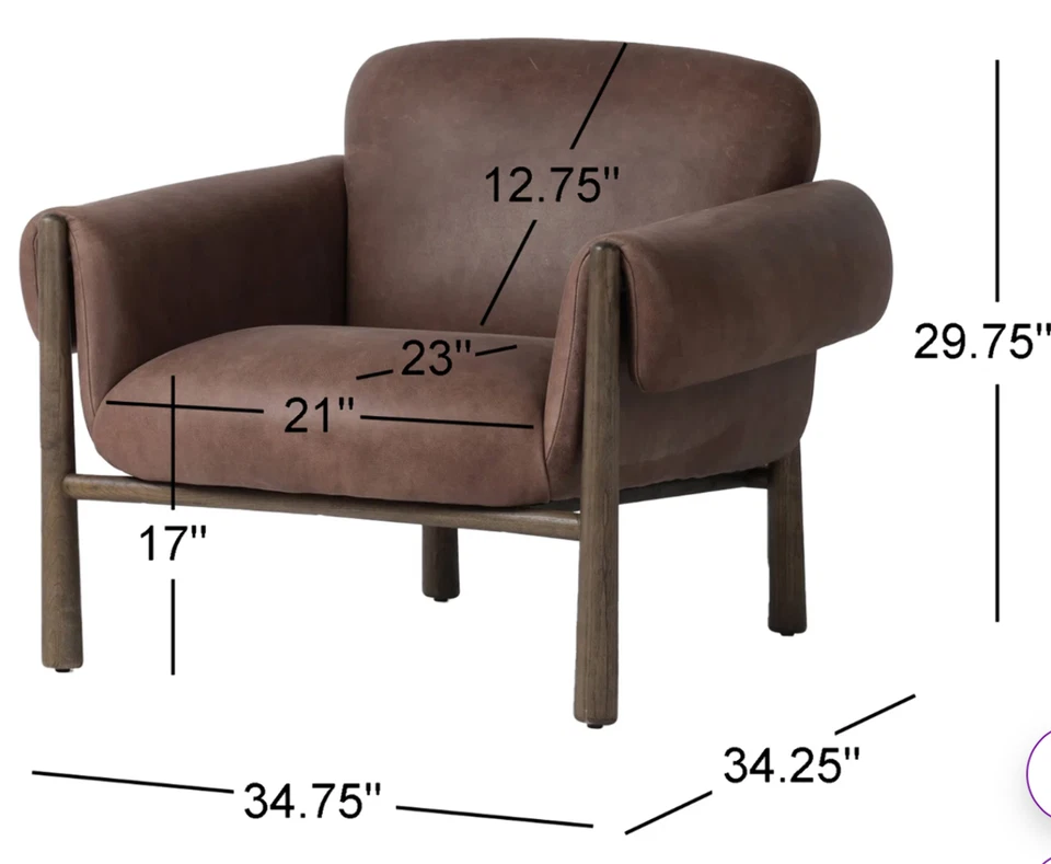 Коричневое кресло Birch Lane Dabria из натуральной кожи — обернутые подлокотники, гладкое современное St - Изображение 3 из 4