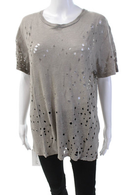 IRO Jeans Womens Linen Solid Distressed Short Sleeve T-Shirt Top Taupe Size M