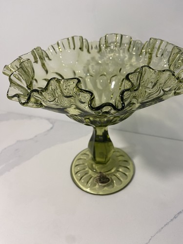 Fenton Olive Green Glass Ruffled Edge Thumbprint Pedestal Candy Dish - Picture 3 of 12