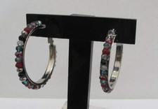 Colorful Vtg 1-3/4  Silver Tone Multi-Color Faux Crystals Large Hoop Pierced Ear